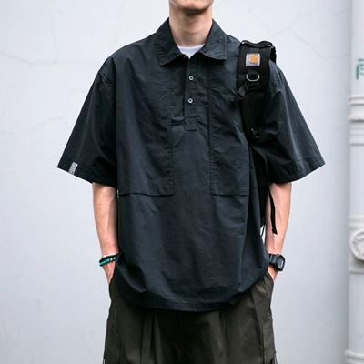 日系潮牌水洗工装衬衫男夏季新款宽松纯棉百搭翻领衬衣有领T恤潮