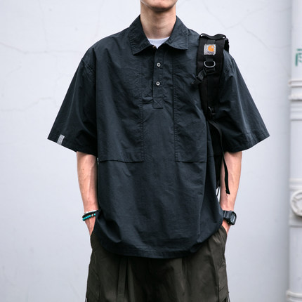 日系潮牌水洗工装衬衫男夏季新款宽松纯棉百搭翻领衬衣有领T恤潮