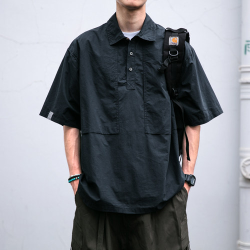 日系潮牌水洗工装衬衫男有领T恤