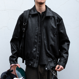 复古解构设计Boxy短廓皮衣男高级感机车服外套潮 美式 暗纹雅痞