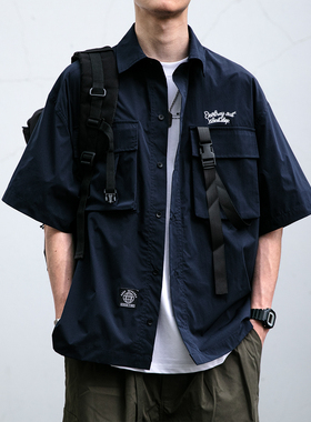 美式复古立体口袋工装短袖衬衫男夏季新款宽松cityboy翻领衬衣潮