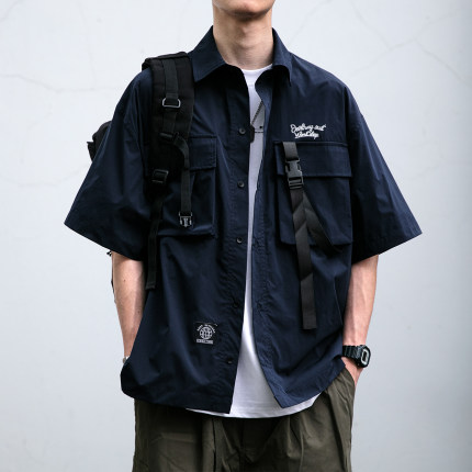 美式复古立体口袋工装短袖衬衫男夏季新款宽松cityboy翻领衬衣潮