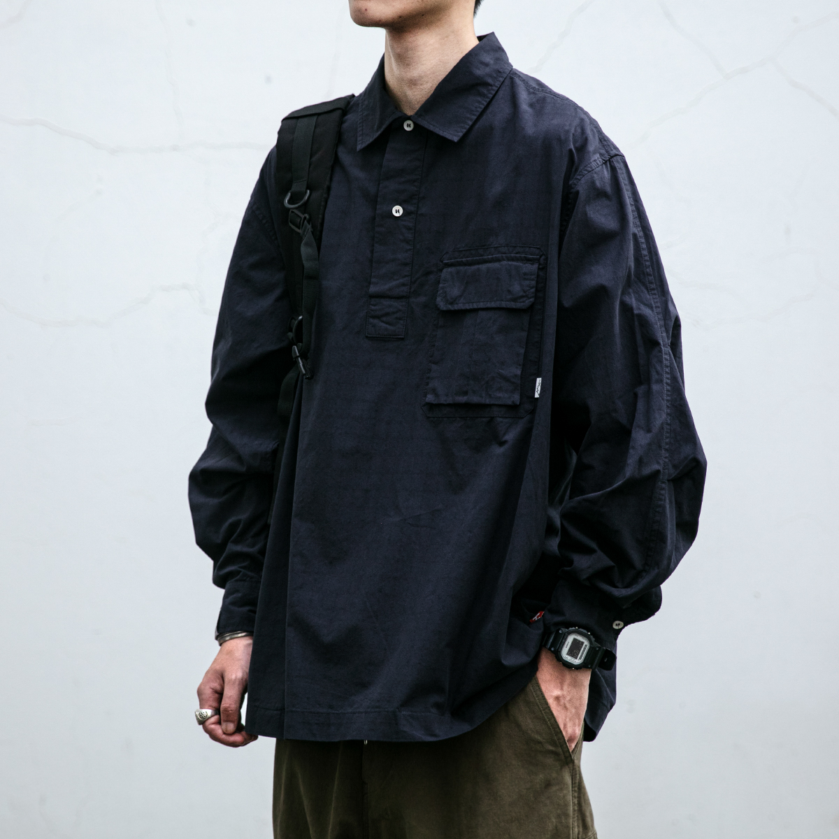 原创翻领长袖日系口袋