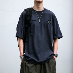 衫 美式 潮牌宽松休闲圆领半袖 简约印花T恤男夏季 复古230G纯棉短袖