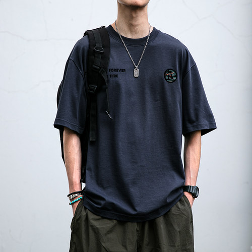 美式复古230G纯棉短袖简约印花T恤男夏季潮牌宽松休闲圆领半袖衫