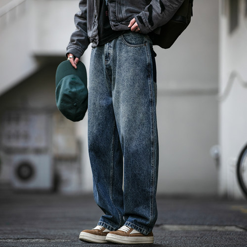 美式复古水洗基础款牛仔裤男潮牌春秋后袋撞色宽松微锥哈伦长裤潮