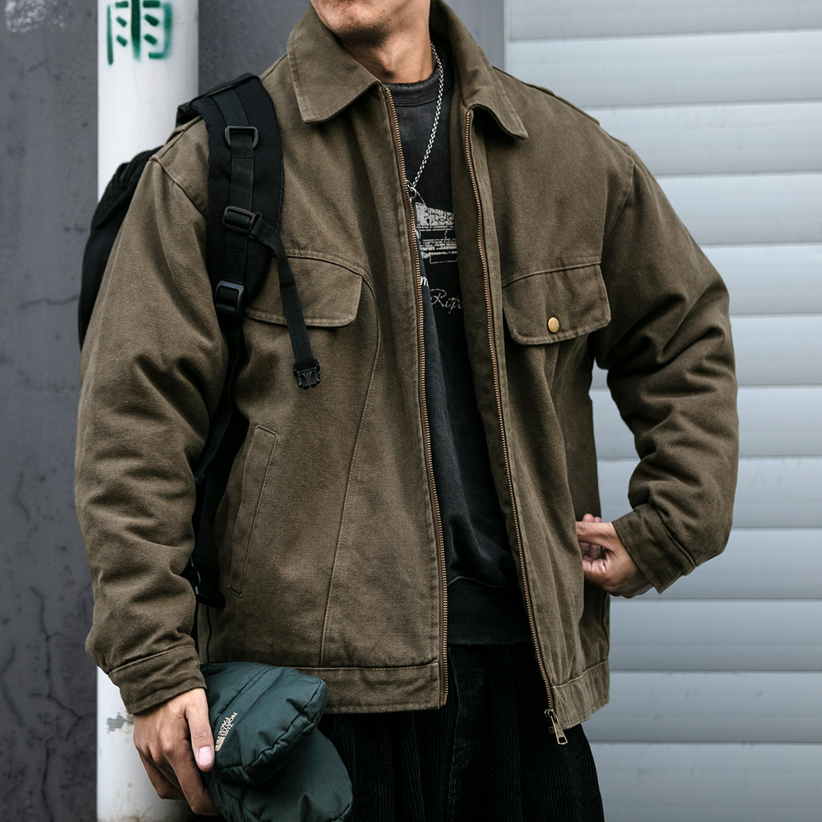 美式复古重工水洗底特律工装翻领棉衣男潮牌定制皮质贴标加厚棉服