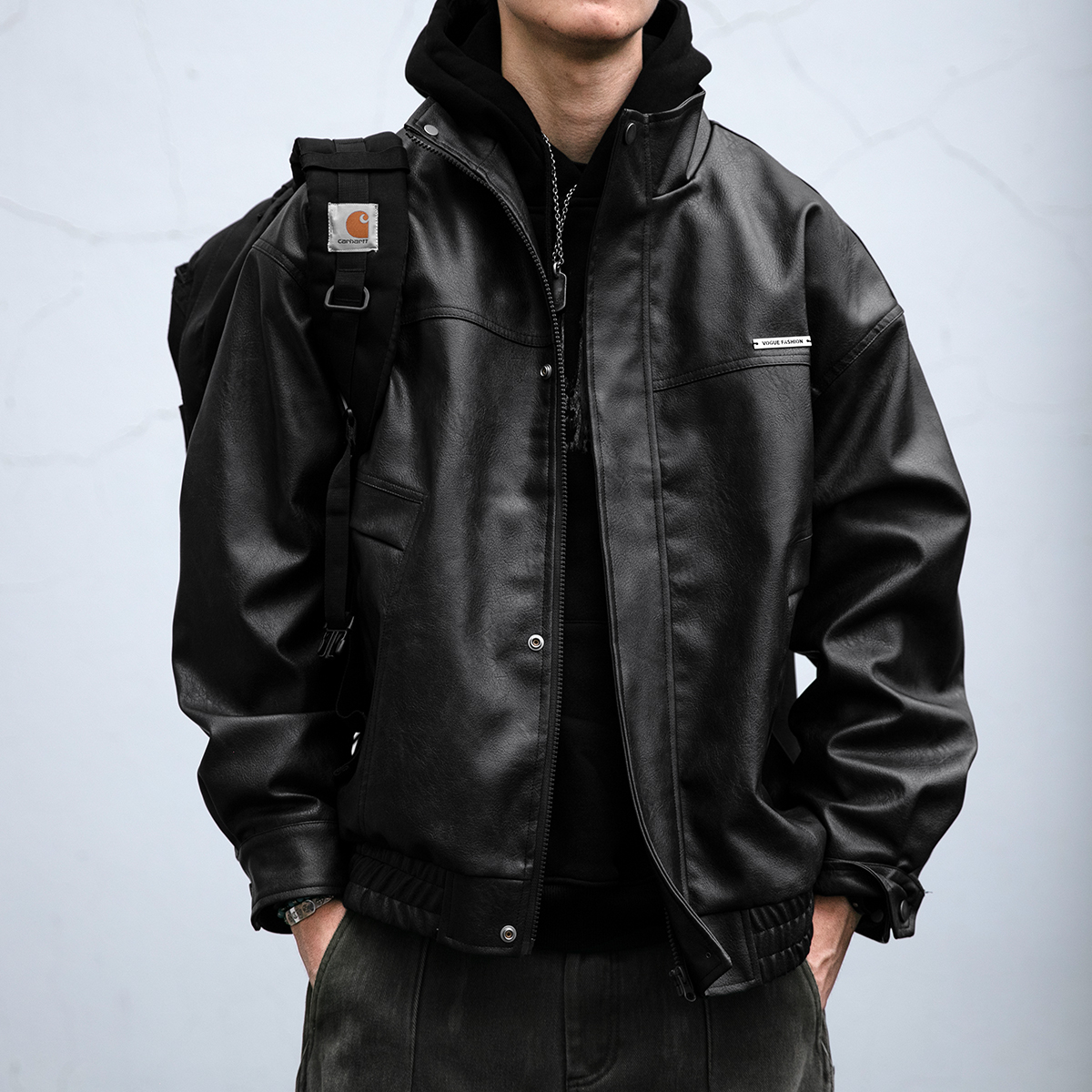 美式复古做旧PU立领皮衣外套男