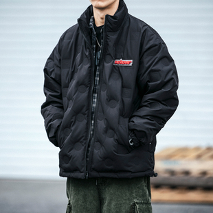 日系潮牌立领工装羽绒服菱形格外套男冬季新款情侣百搭加厚保暖服