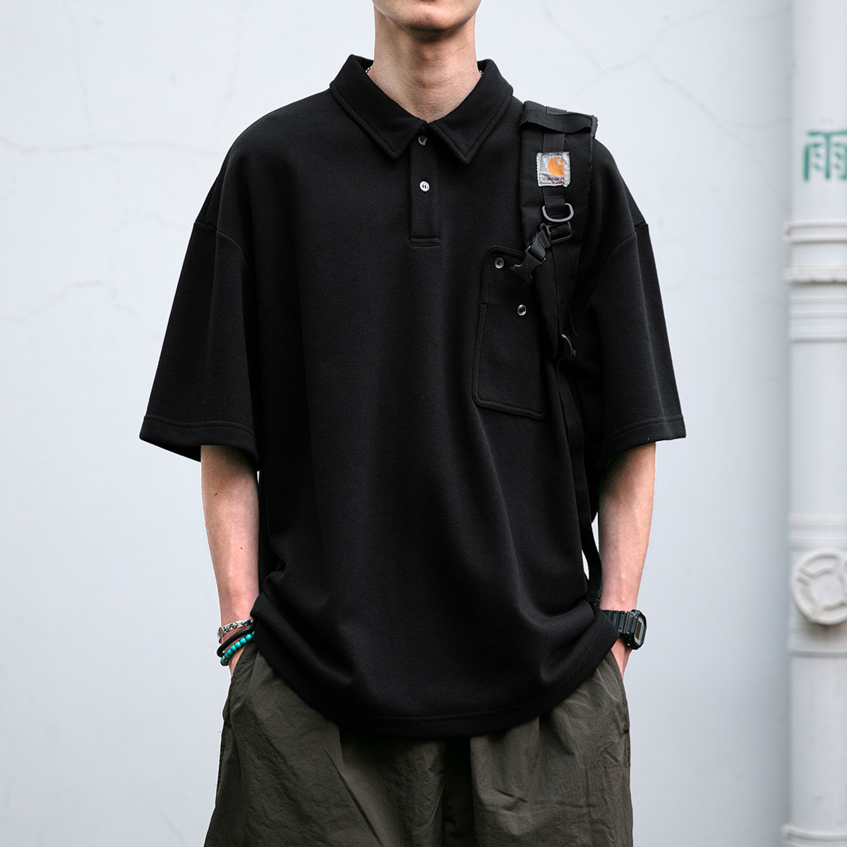 日系复古纽扣口袋短袖POLO衫男夏季透气高质感基础款宽松翻领T恤