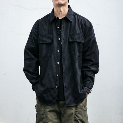 22SS日系复古条纹工装衬衫男潮牌宽松长袖衬衣春秋翻领休闲外套潮