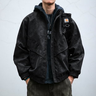 美式 复古斑驳感做旧立领皮衣外套男宽松痞帅解构裁剪防风机车服潮