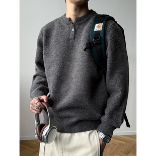 亨利领套头毛衣男秋冬可内搭简约宽松落肩纯色打底针织衫外套潮衣