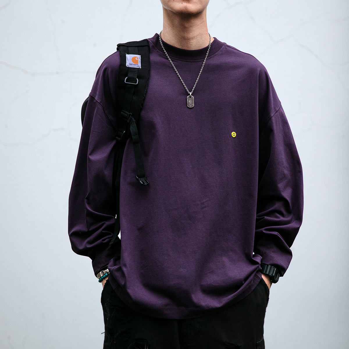 290G重磅笑脸印章宽松oversize宽松阔版长袖T恤男女宽松打底衫潮