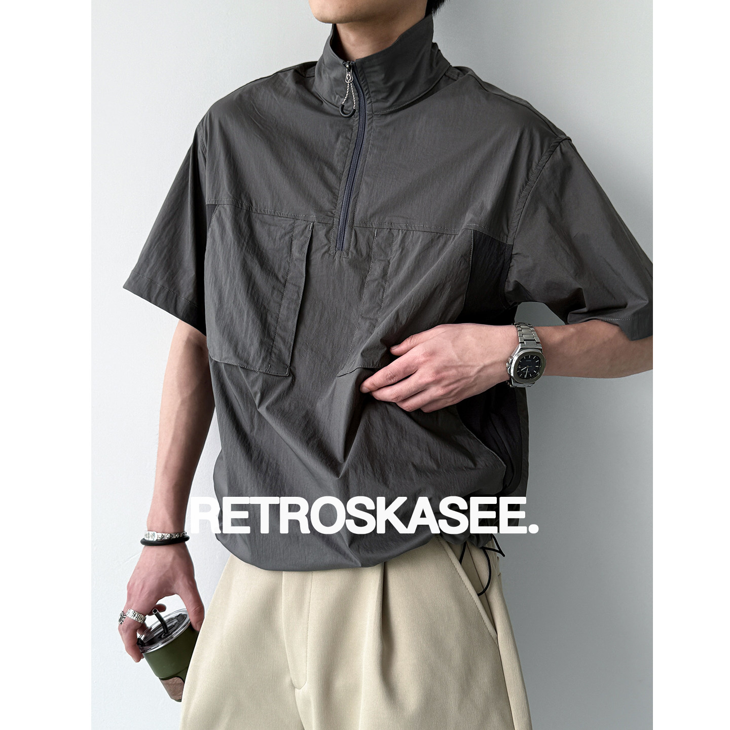 【沁凉山野】户外凉感透气机能立领短袖衬衫男夏季半拉链套头T恤