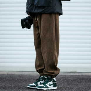 日系潮牌宽松休闲裤加厚灯芯绒裤子男秋冬加绒运动裤哈伦束脚裤潮