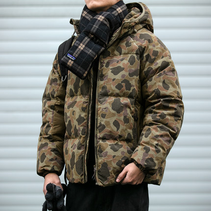 美式复古户外三防拼接迷彩羽绒服男冬季潮牌宽松情侣连帽工装外套