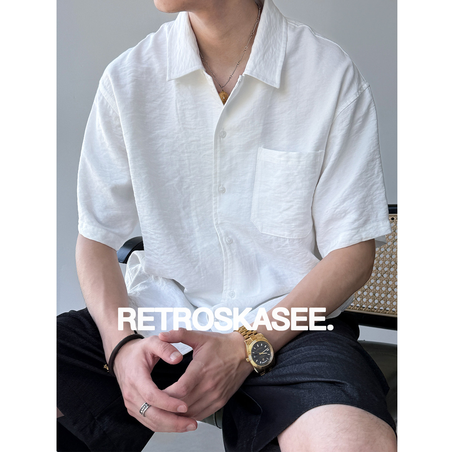 【天然皱感】夏季肌理感190g易打理基础纯色短袖衬衫男宽松衬衣潮