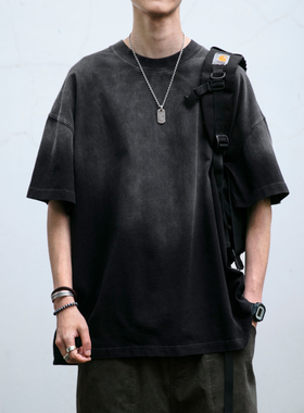 300G重磅蜡染水洗做旧短袖T恤男夏季新款宽松纯棉渐变圆领半袖潮