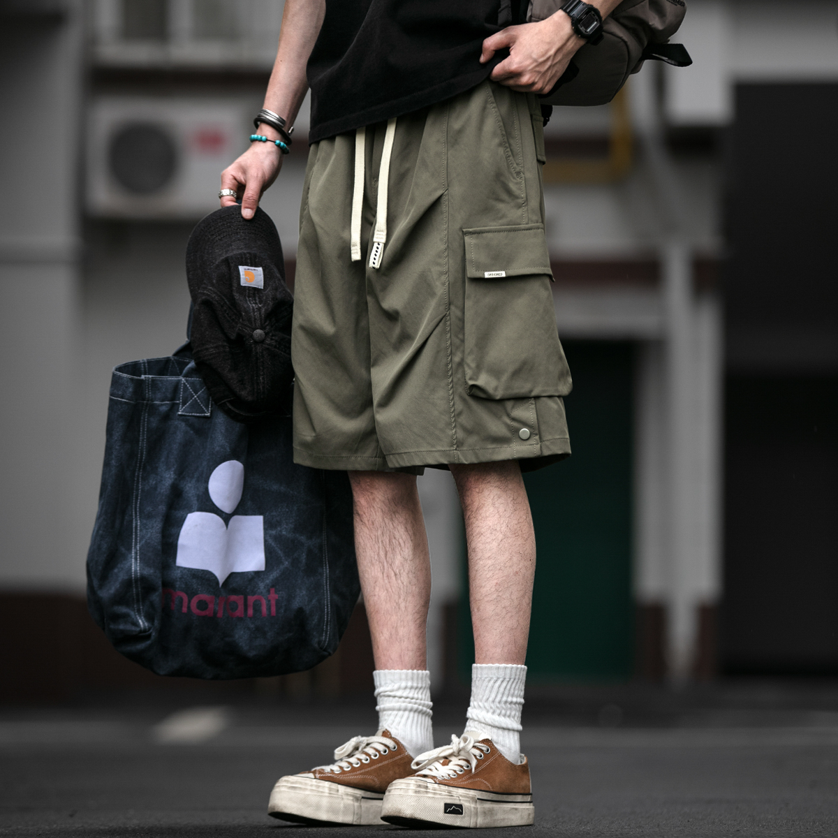 美式复古水洗做旧工装裤男夏季口袋宽松直筒阔腿休闲五分裤潮牌裤