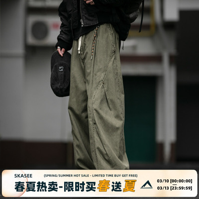 美式复古重磅水洗双褶铆钉工装裤