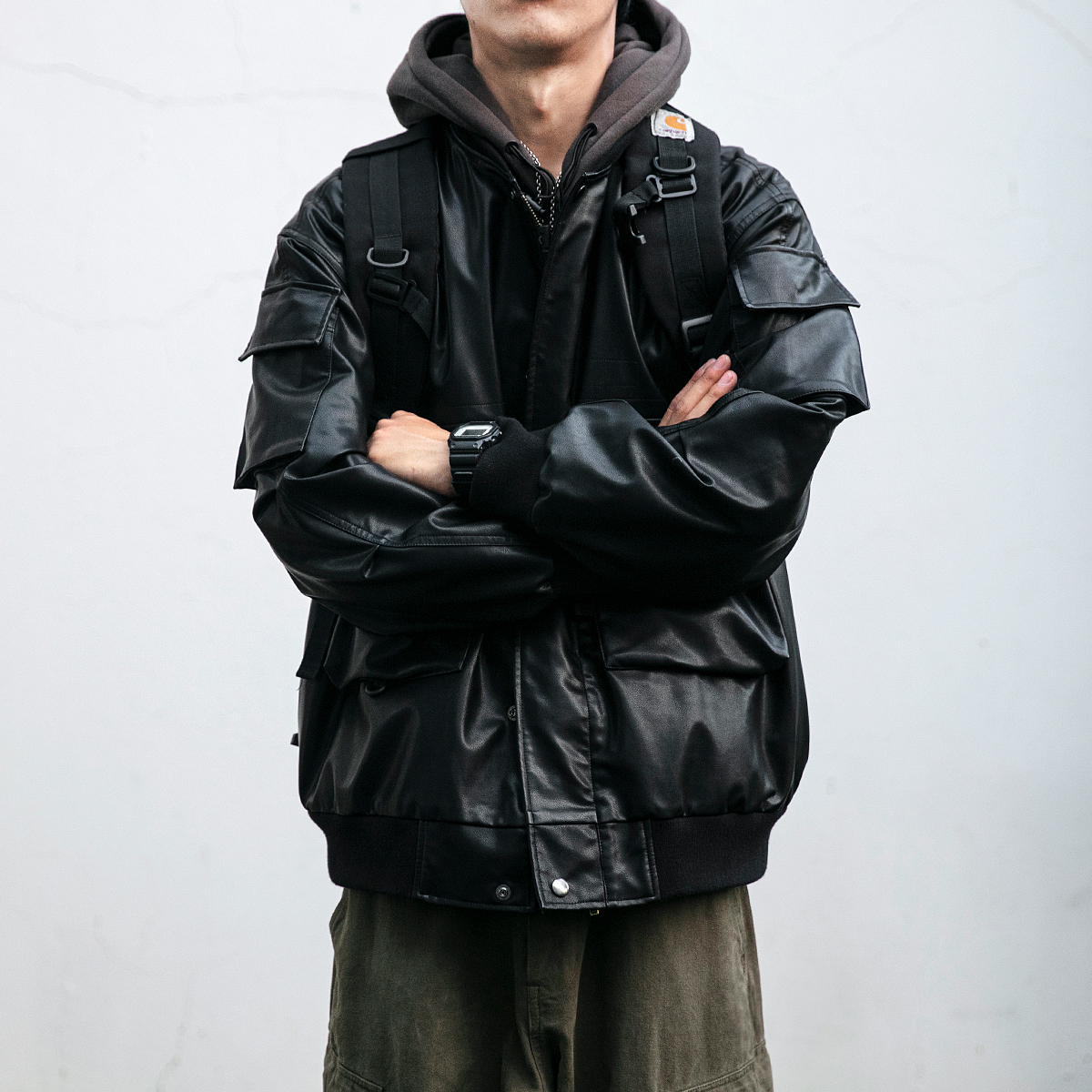 多口袋通勤百搭棒球领皮衣