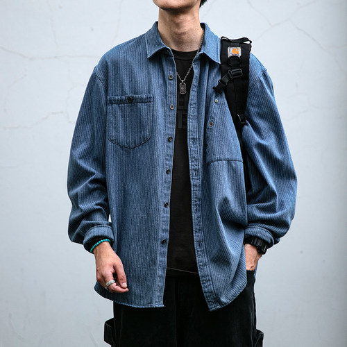 美式复古水洗做旧条纹牛仔衬衫男