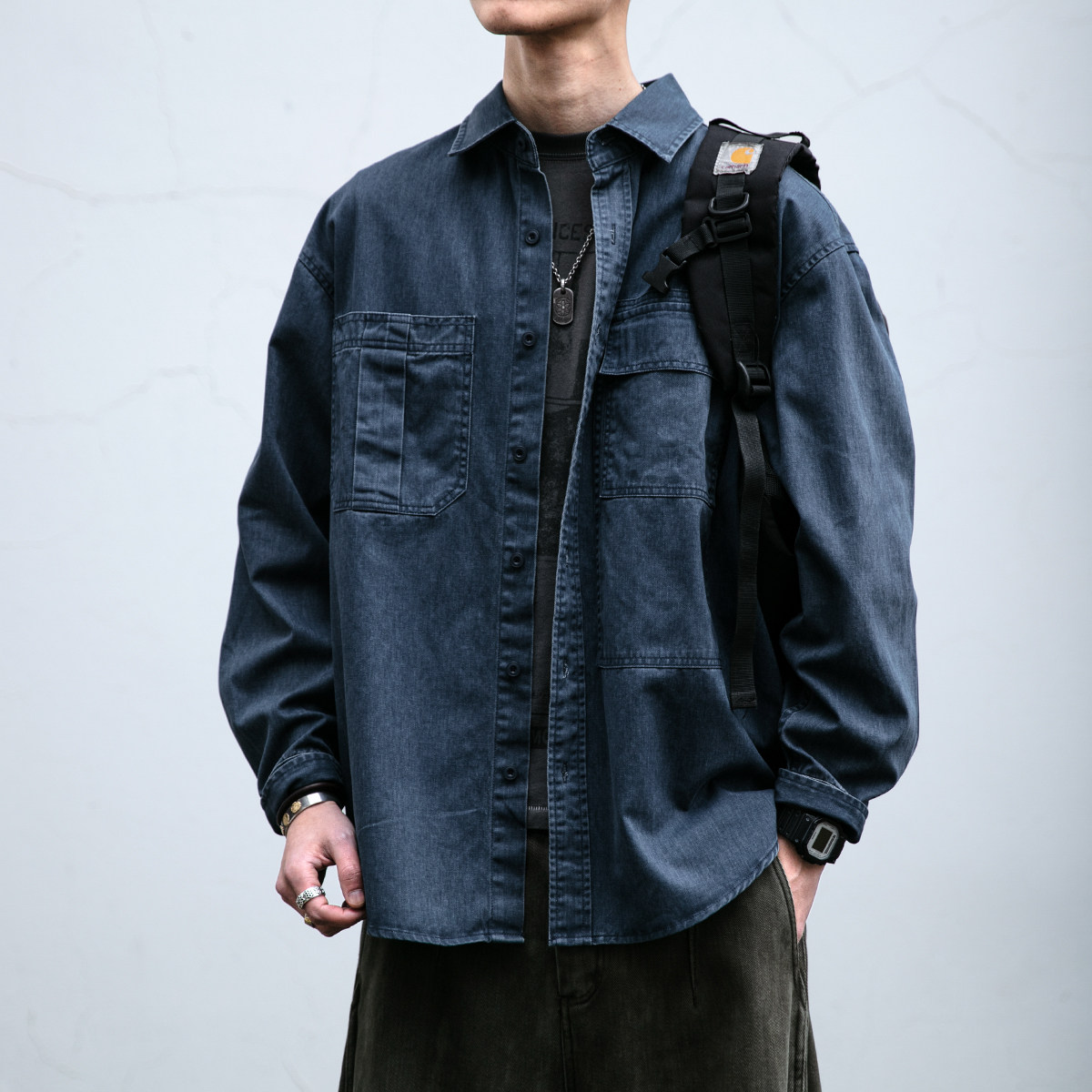 230G酵素水洗质感竹节纹工装衬衫男长袖宽松不对称口袋纯棉衬衣潮