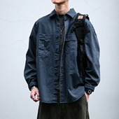 男长袖 230G酵素水洗质感竹节纹工装 衬衫 宽松不对称口袋纯棉衬衣潮