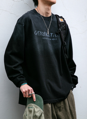 【工艺先锋】春季新款美式复古做旧水洗长袖T恤渐变印花卫衣男潮