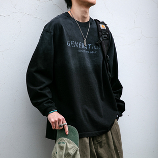 工艺先锋 复古做旧水洗长袖 春季 美式 T恤渐变印花卫衣男潮 新款