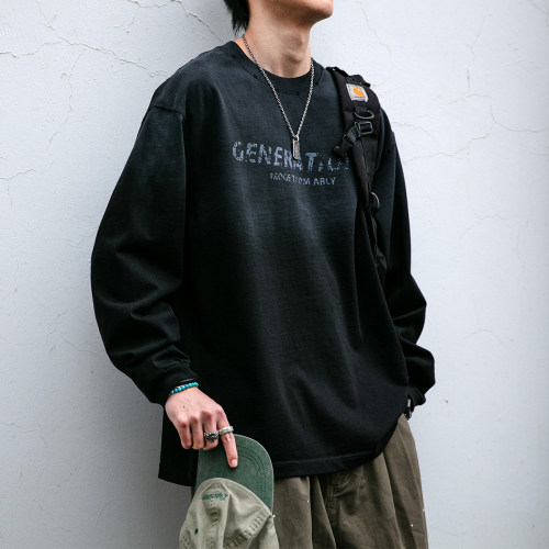 【工艺先锋】春季新款美式复古做旧水洗长袖T恤渐变印花卫衣男潮