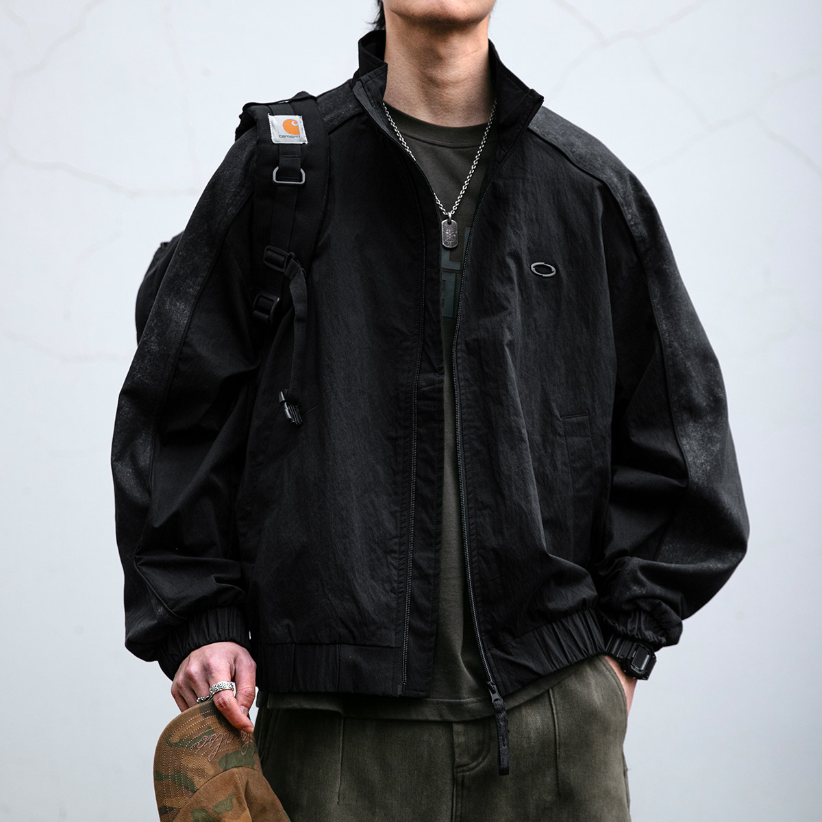 【轻奢运动】美式潮牌拼接立领肌理感夹克男春季新款宽松休闲外套