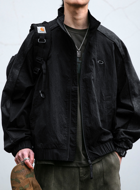 【轻奢运动】美式潮牌拼接立领肌理感夹克男春季新款宽松休闲外套