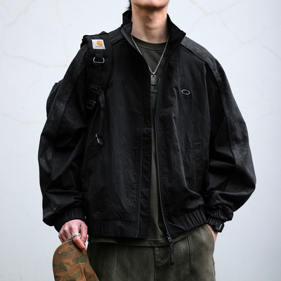 【轻奢运动】美式潮牌拼接立领肌理感夹克男春季新款宽松休闲外套