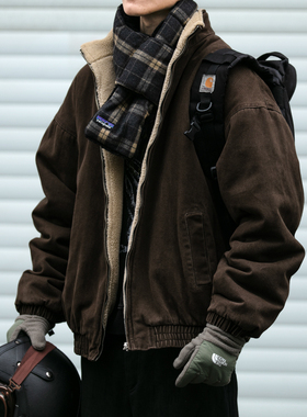 日系复古美拉德立领羊羔绒棉服男冬季潮牌宽松情侣加厚保暖棉袄潮