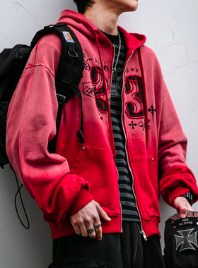 【脏染做旧】春季复古水洗喷马骝撞色刺绣宽松短款外套男连帽卫衣