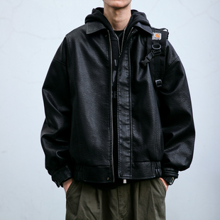 美式 户外痞帅机车夹克宽松休闲翻领上衣 复古PU皮衣外套男秋冬新款