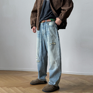 重工水洗吊磨破洞牛仔裤 潮 男宽松做旧复古baggy阔腿哈伦直筒长裤