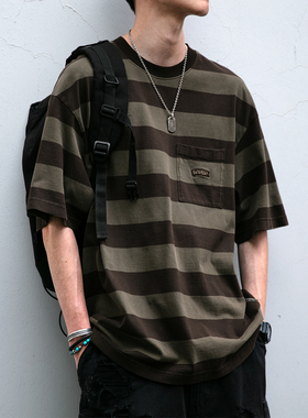 32支双纱平纹水洗做旧260克条纹短袖男夏季口袋刺绣宽松纯棉T恤潮