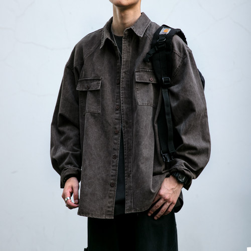 翻领长袖日系潮牌水洗做旧衬衫