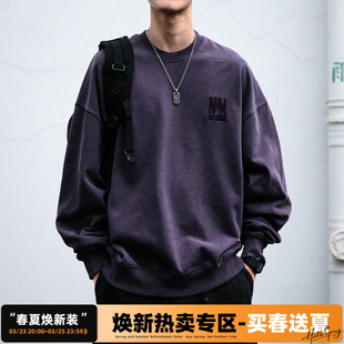 460G阿苏特洗褪蜡染重磅圆领卫衣男宽松情侣纯棉质感刺绣套头上衣