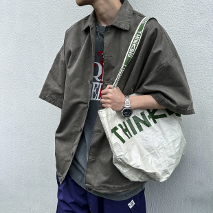 速干透气宽松落肩翻领T恤潮 男夏季 成衣水洗做旧复古廓形短袖 衬衫