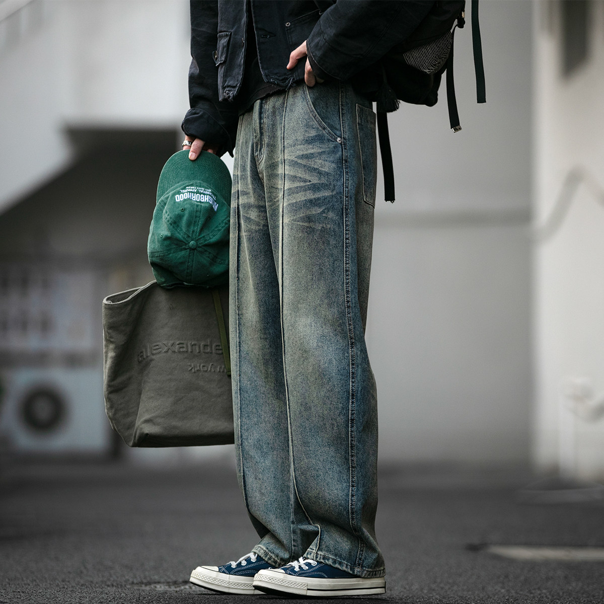 美式复古水洗拼接牛仔裤男潮牌立体裁剪宽松弯刀裤baggy休闲长裤