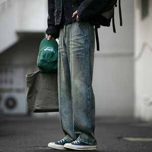 baggy休闲长裤 男潮牌立体裁剪宽松弯刀裤 复古水洗拼接牛仔裤 美式