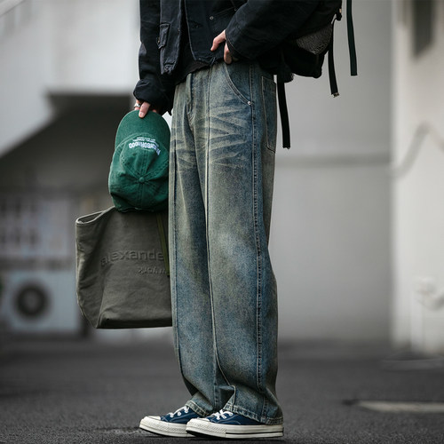 美式复古水洗拼接牛仔裤男潮牌立体裁剪宽松弯刀裤baggy休闲长裤