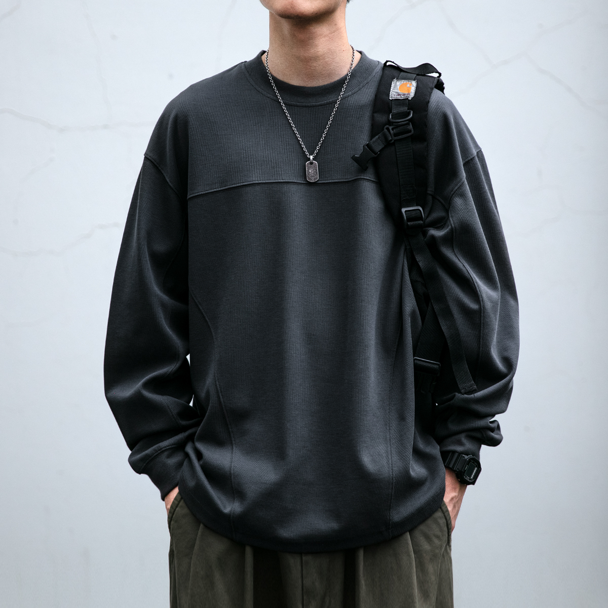 新曲纹潮棉洗后290克蝙蝠袖宽松长袖上衣秋季男女卫衣打底衫潮牌