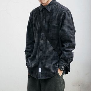 潮流宽松百搭加厚衬衣休闲毛呢衬衣 复古工装 格子衬衫 男秋冬季 长袖
