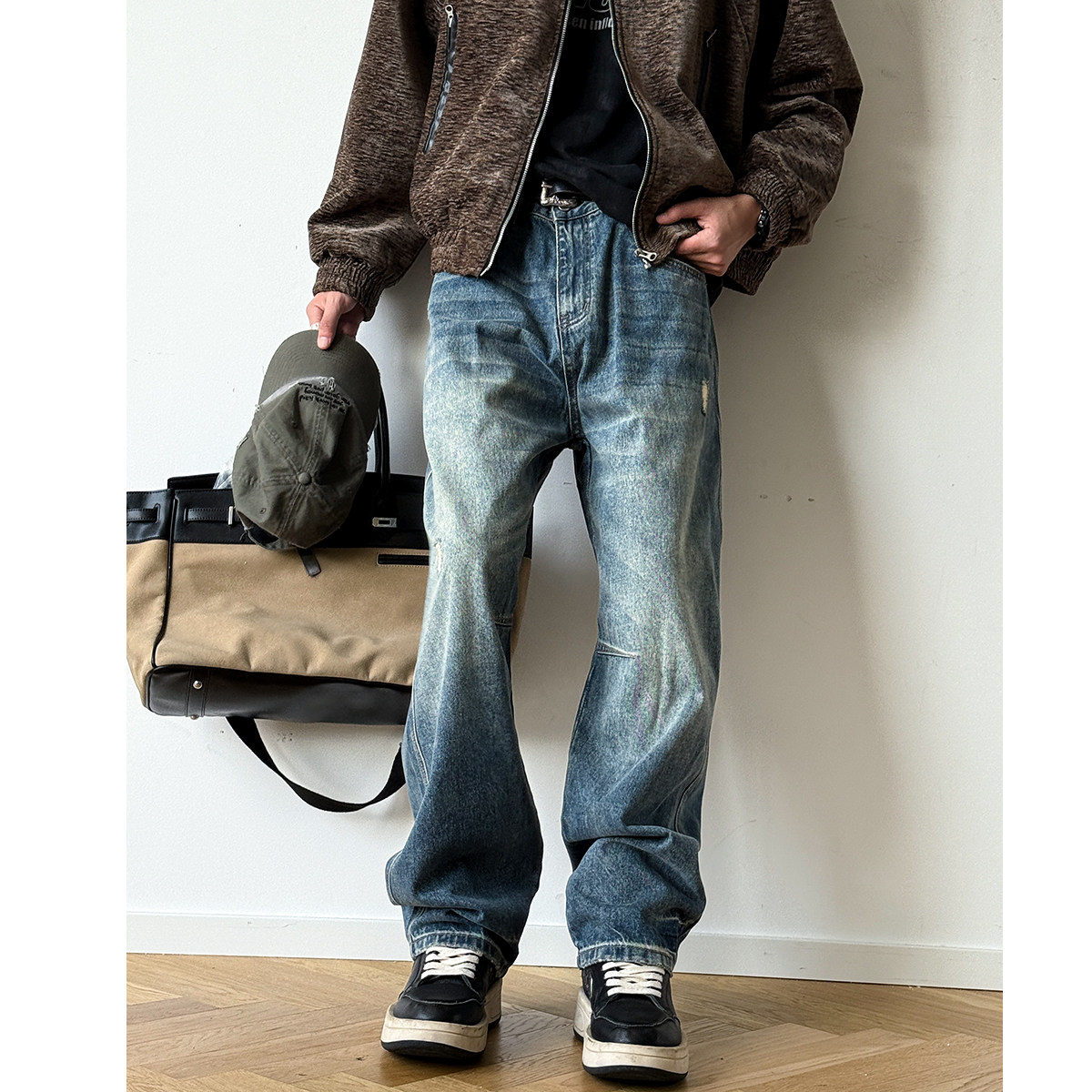 做旧磨破水洗磨白美式复古牛仔裤男休闲宽松直筒百搭伐木牛仔裤潮