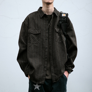 宽松翻领工装 日系复古棉麻混纺条纹衬衫 新款 春季 衬衣外套潮 男长袖